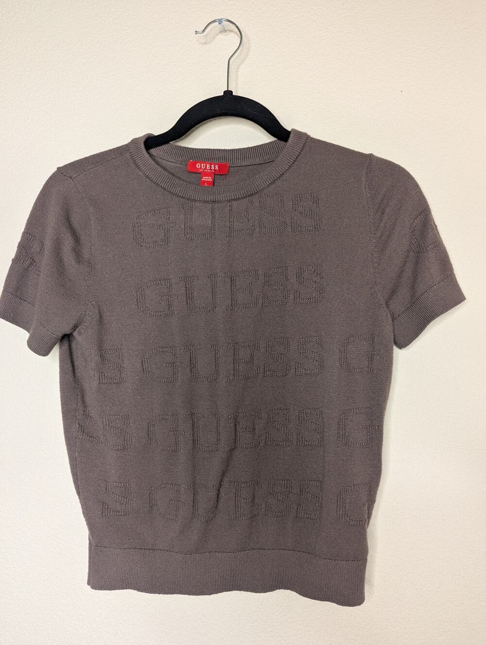 Guess Women's Graphic Crewneck Tee Brown Soft Ribbed L Chic Casual Travel